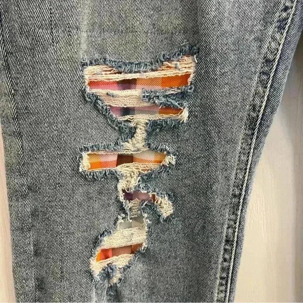 Distressed Denim Jeans with Plaid Print - Picture 4 of 13